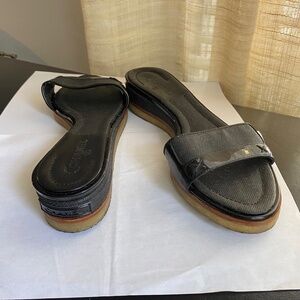 Chanel black canvas leather sandals mules heels slides 37-6.5 slip on in flats